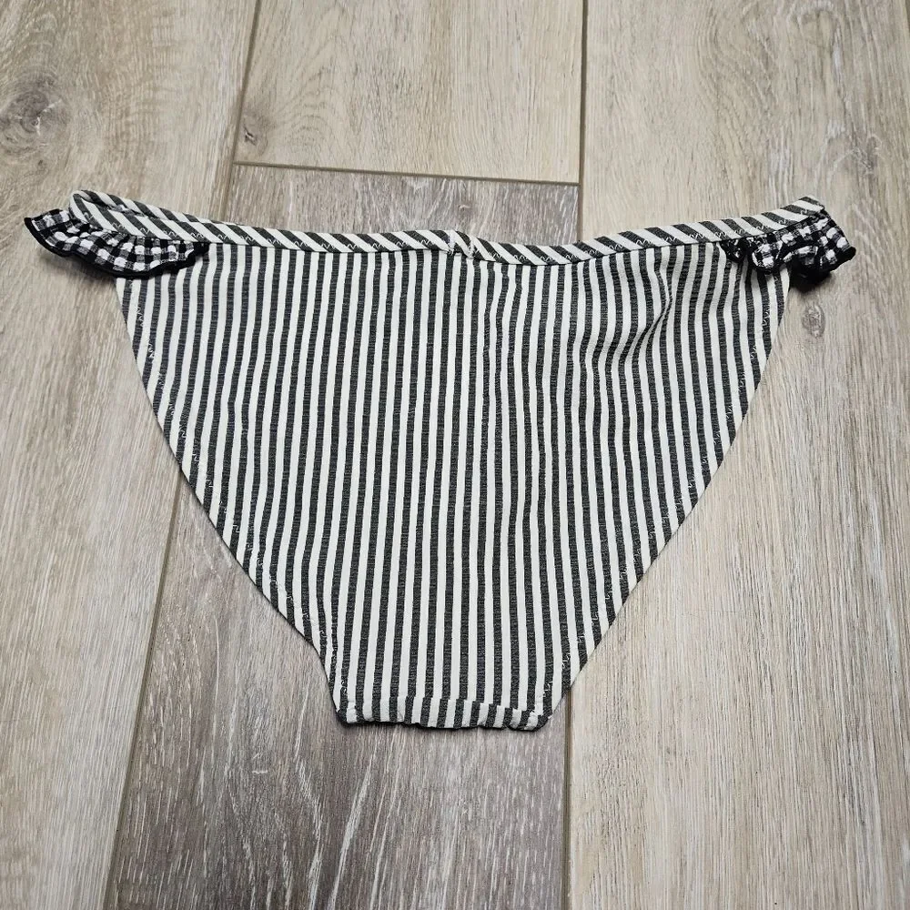 Aerie Seersucker Ruffle Bikini Bottom Black White Women's XXS Classic Old Money